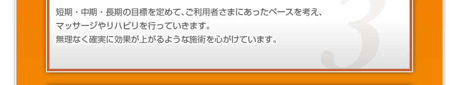 短期・中期・長期の目標を定めて、ご利用者さまにピッタリのペースを考え、マッサージやリハビリを行っていきます。無理なく確実に効果が上がるような施術を心がけています。